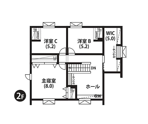 【2階間取図】
約5帖の大型WICやSICなど豊富な収納が魅力です。多目的に利用できるカウンター付きホールもございます。