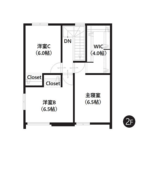 【2階間取図】
2階洋室は全居室6帖以上とゆとりの室内。約4帖の広々としたWIC付きでお部屋の空間を有効にお使いいただけます。