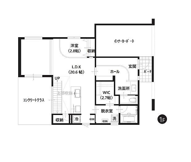 【1階間取図】
LDKと水まわりを集約させた生活動線の良い1階部分。インナーカーポートから出入りできる玄関や、テラスに面したリビングなど魅力がたっぷり。