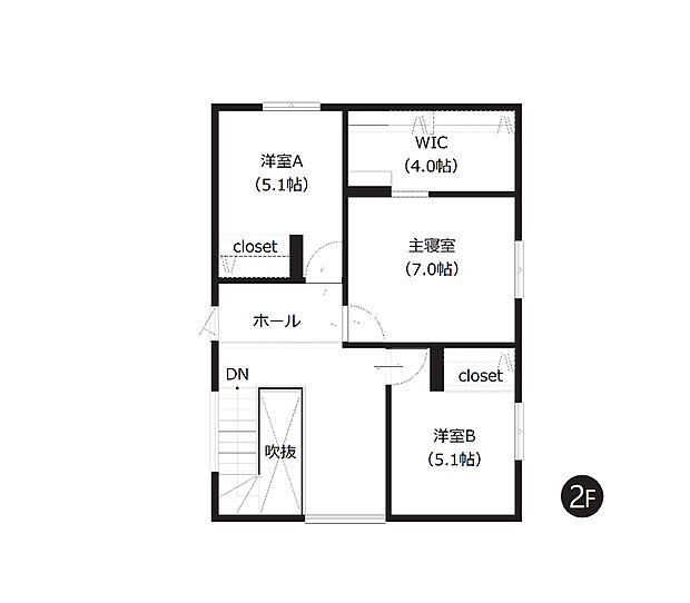 【2階間取図】WICを含む全居室収納付きで、お荷物の多いファミリーにもおすすめです。多目的に利用できるホール部分や吹抜けも魅力。