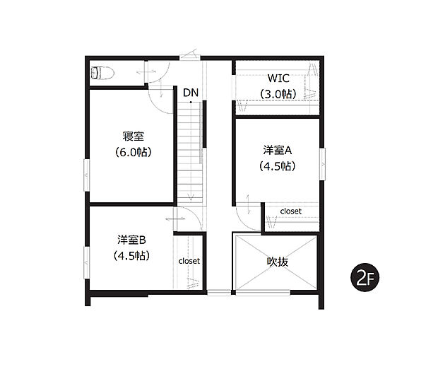 【2階間取図】
WICのある収納充実プラン。お荷物の多いファミリーにもおすすめのお住まいです。