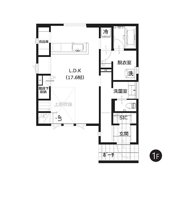 【1階間取図】
LDKは約17帖とゆとりある広さ。LDKと水回りが集約された間取りで生活動線良好です。