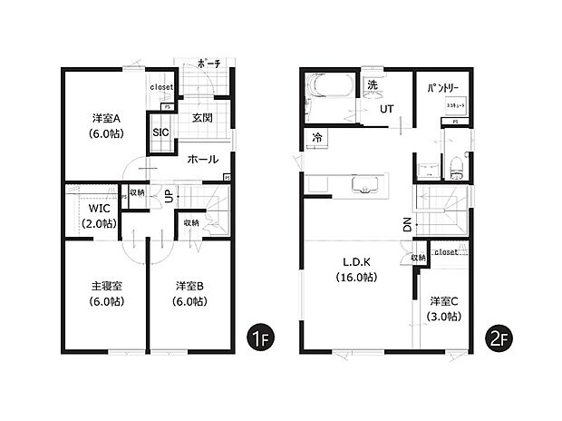 【間取図 A棟】
開放感がありながらも、ご家族のプライバシーを考慮した2階リビング仕様の4LDKです。