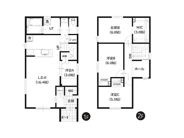 【B棟 間取図】
リビング階段、対面キッチン仕様。2階には多目的に利用できるフリースペースもございます。