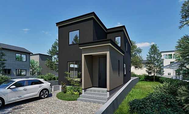 【分譲A 完成予想図】
2026年2月に完成予定の4LDKをご紹介します。お家の第一印象を決める外観は、シックで落ち着きのあるデザインです。