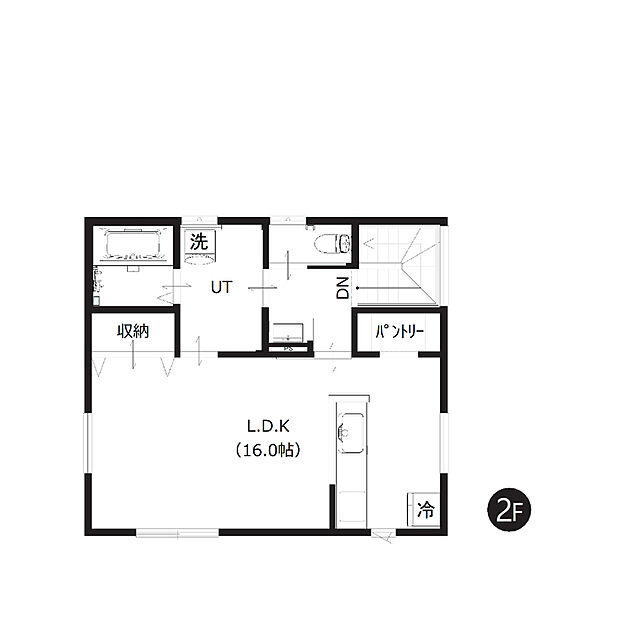 【2階間取図】
ご家族の集まるLDKはゆとりの約16帖。水回りは、洗面室と脱衣室が分かれた使いやすい動線設計です。