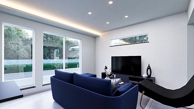 【2号棟 完成予想図】
2面採光の明るいリビングは自然とご家族が集まります。約16帖の広さで家具を置いてもゆったりとくつろげますね。