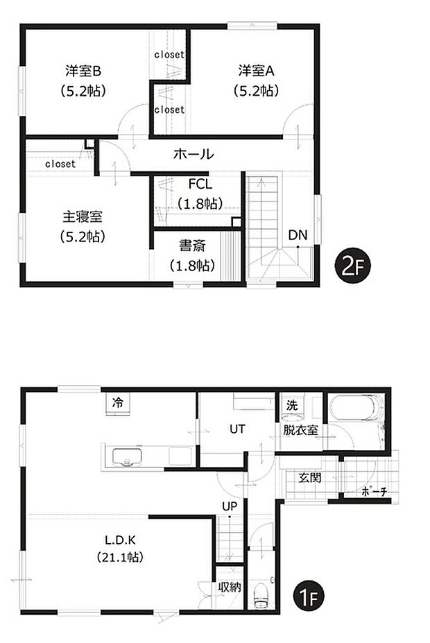 【1号棟 間取図】
広々とした約21帖のLDKが魅力の3LDK。2階には大型FCLや、書斎がございます。