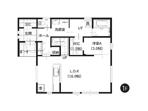 【1階間取図】
玄関から水廻りへつながる回遊動線プランです。生活動線良好、家事もスムーズにできますね。