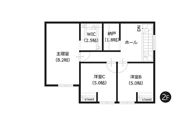 【モデル(3) 2階間取図】
WICや納戸など豊富な収納も魅力。広いホール部分はお子様の学習スペースやワークスペースなど多目的に利用できます。