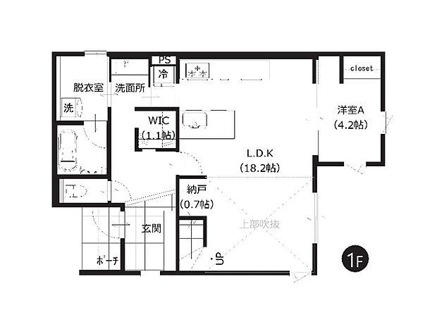 【1階間取図】
セパレートキッチンを中心に、家事効率を高める回遊動線を採用。ご家族で共有できる納戸やWICも備え、美しさと使いやすさを兼ね備えた空間設計です。