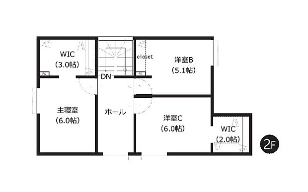 【A棟 2階間取図】
2階には5帖以上の洋室を3部屋配置。収納力のあるウォークインクローゼットを2か所設置し、スッキリとした室内を実現できます。