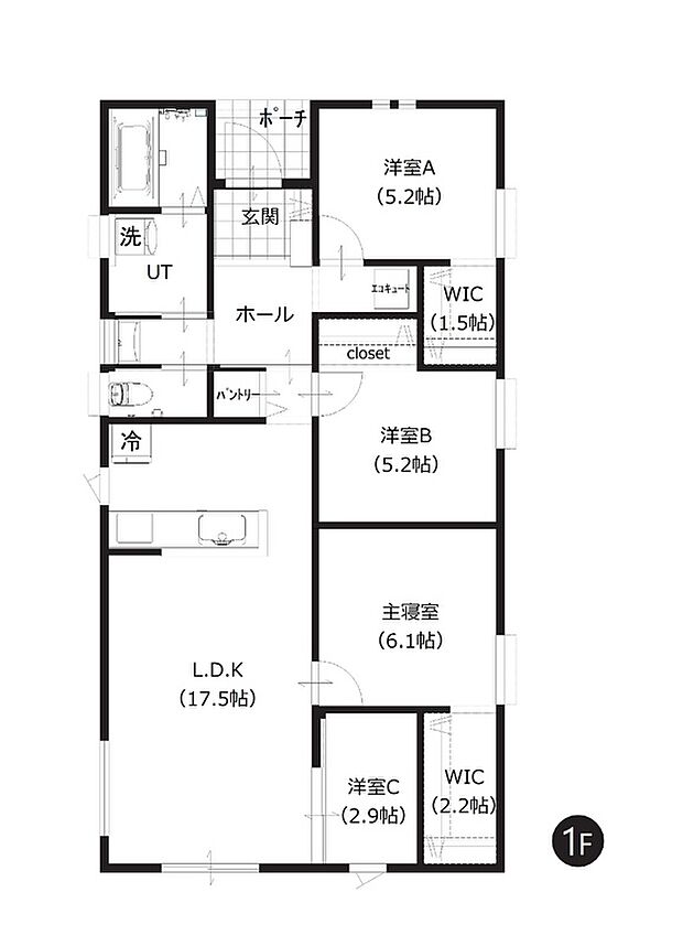 【C棟 間取り図】
ゆとりある17.5帖のLDKと4つの洋室を備えた平屋プラン。WICやパントリーなど各所に収納を確保した機能的な間取りです。