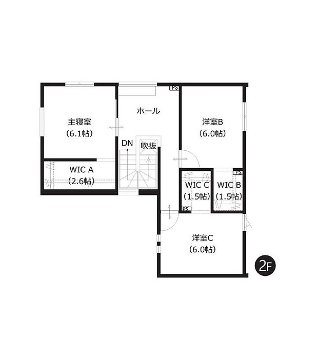 【4LDK】2階の洋室は全室6帖以上でゆとりの広さがございます。WICが3ヶ所にあり、お部屋の空間を有効的にお使いいただけます。