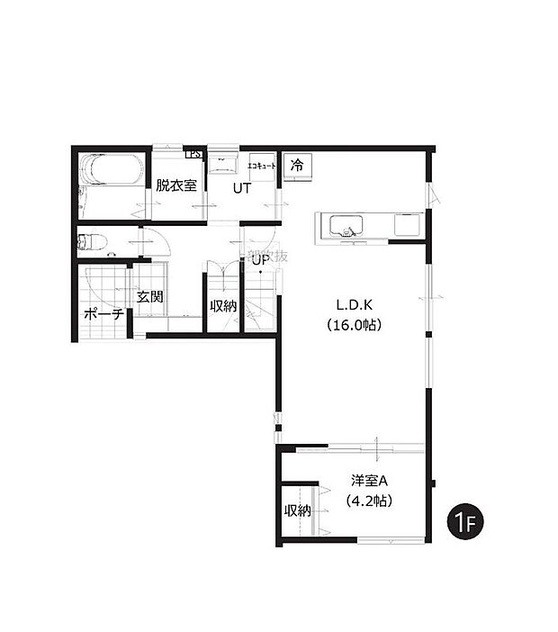 【4LDK】水回りが集中しているので、移動距離が短く家事効率もUPします。ご家族とコミュニケーションがとりやすい、対面式キッチンやリビングイン階段仕様。