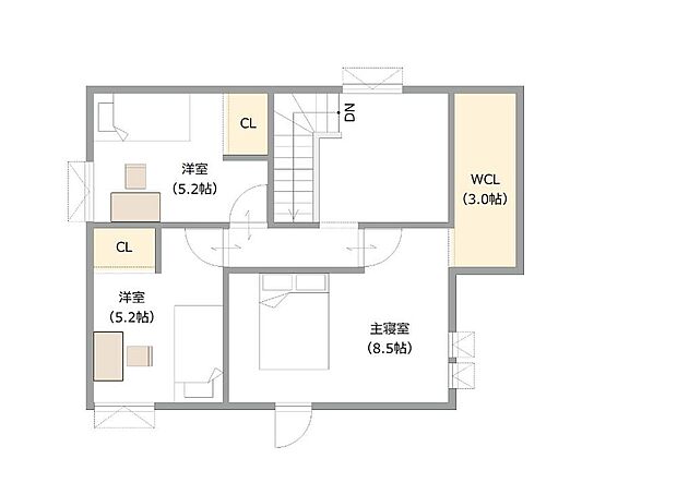 【2階間取り図　施工例】【建築プラン例】
建物面積：106.01m2
建物価格：2123万円(税込)
※杭工事、分水工事、諸費用別途
※設計プランの参考一例であって、当該プランの採用可否は任意です。