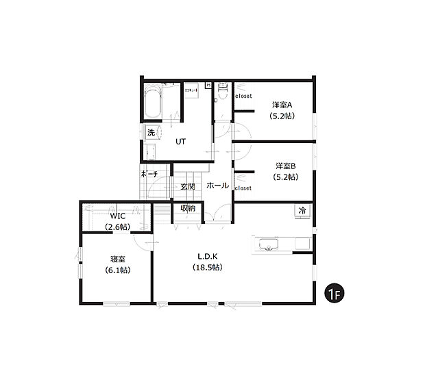 【3LDK】LDKは約18帖。L字ソファも置けるゆとりの広さです。開放感を演出してくれる対面キッチンを採用しています。ワンフロアでも主寝室と子ども部屋の距離感を程よく保つ間取りです。
