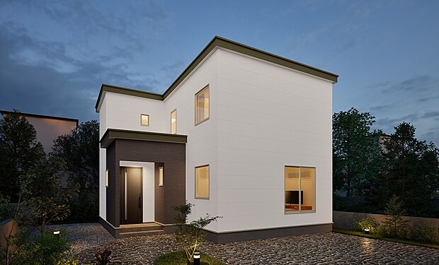 【【完成予想図】】シンプルでナチュラルなデザインで、どの世代にも好まれる外観です。太陽光パネルを搭載し、光熱費削減にも役立ちます。