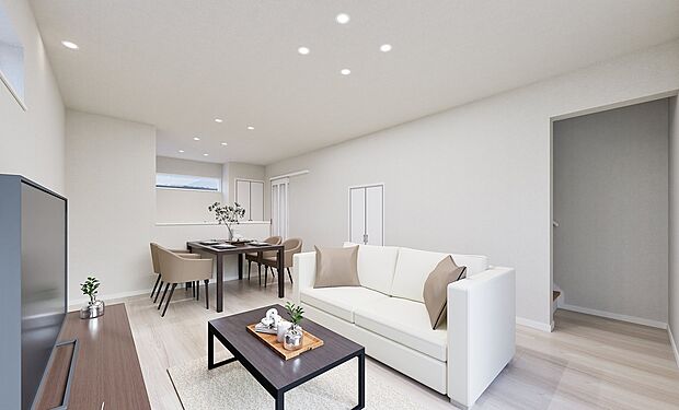 【【完成予想図】】自然とご家族が集まる明るいリビングです。対面キッチン、リビング階段仕様でコミュニケーションも取りやすいですね。