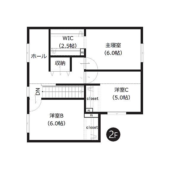【4LDK】2階は洋室が振り分けられており、ご家族のプライベート空間もしっかりと確保。5帖以上のゆとりある広さも魅力です。