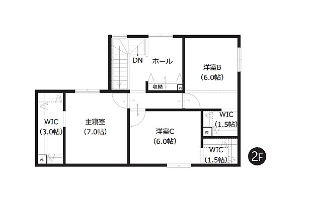 【4LDK】WIC×3箇所の収納充実プラン。収納付きのホール部分は多目的に利用ができ、ライフスタイルに合わせて使える自由空間となっております。