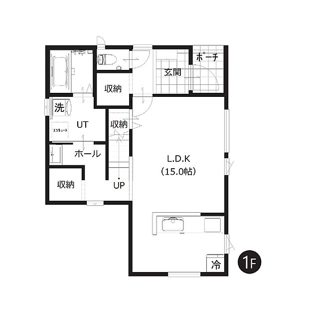 【3LDK】ご家族の集まるLDKは約15帖。階段下収納、玄関・洗面横にも収納がある収納充実プランです。