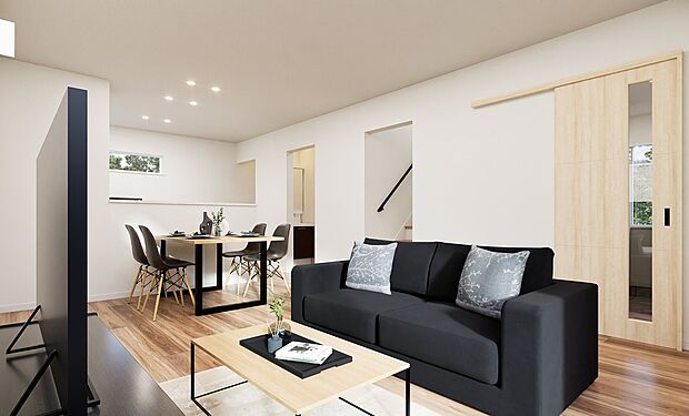 【【B棟 完成予想図(昼)】】約16帖のLDK。お手入れラクラク、お掃除もしやすい全居室フローリング仕様です。