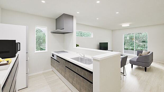 【【完成予想図】】リビングが見渡せる対面キッチンを採用。ご家族のコミュニケーションが増えるリビング階段も嬉しいポイントです。