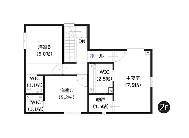 【4LDK】2階の全洋室にウォークインクローゼットを完備。約1.5帖の納戸は、ライフスタイルに合わせて様々な使い方ができますね。