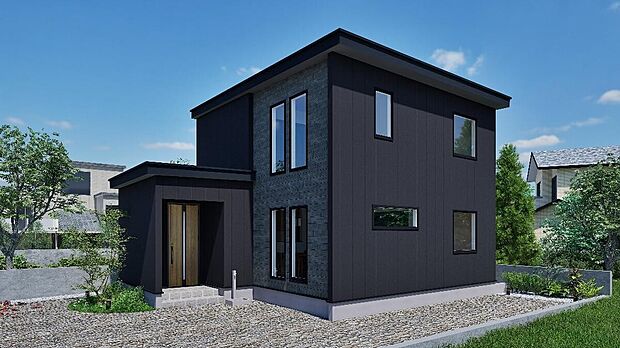 【【2号棟 完成予想図】】黒のガルブライトに、石目の重厚感ある外観が魅力の4LDK。ゆとりの敷地に佇み、カースペースには2台駐車可能です。