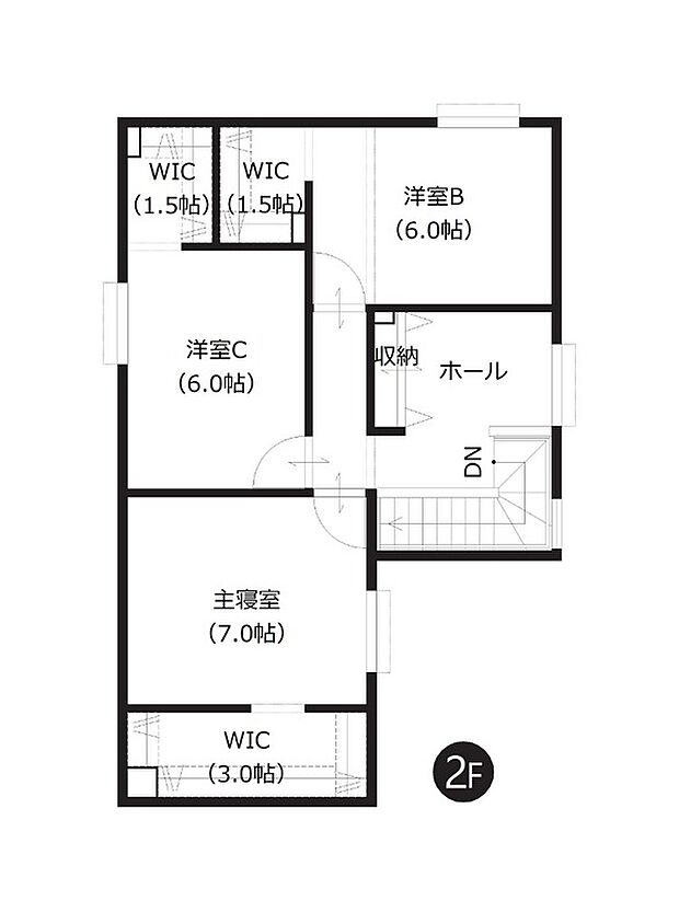 【4LDK】各部屋にウォークインクローゼットを備えた収納力抜群の2階プラン。主寝室は7.0帖とゆとりのある空間です。