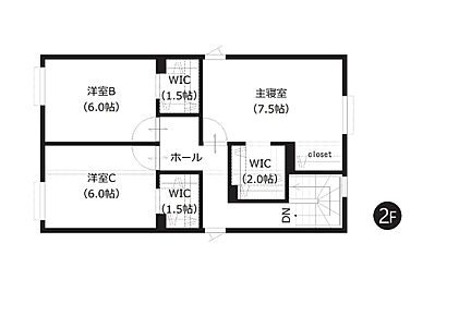 主寝室は約7.5帖とゆとりのある広さ。WICとオープンクローゼットを備え、室内スッキリ、お部屋を有効活用できます。 