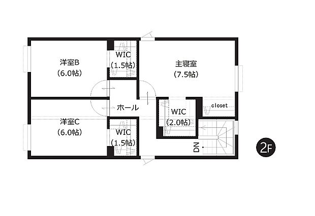 【4LDK】主寝室は約7.5帖とゆとりのある広さ。WICとオープンクローゼットを備え、室内スッキリ、お部屋を有効活用できます。