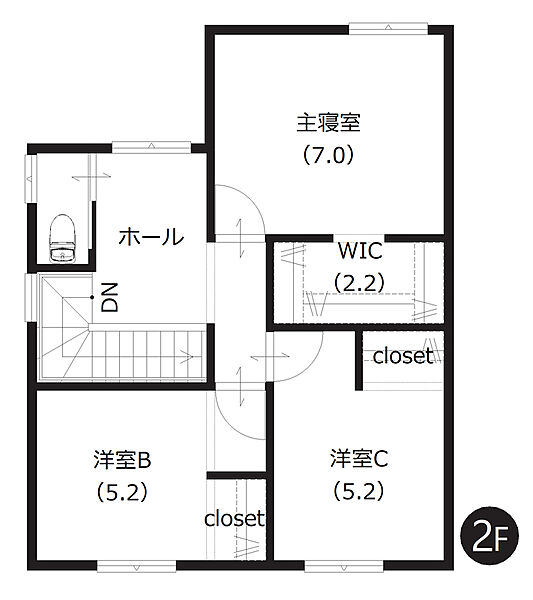 【2階間取図】
収納力のあるWICを含む全居室収納付き。お荷物の多いファミリーにもおすすめです。