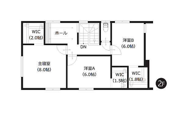 【2階間取図】
2階の全洋室は6帖以上のゆとり設計。全居室収納付きで居室スペースをすっきりお使いいただけるのも魅力的です。