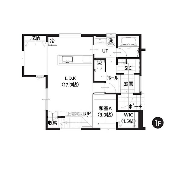 【1階間取図】
回遊動線が可能な間取り設計で、ご家族の暮らしや家事をサポートしてくれます。WICやSICなど収納も豊富です。