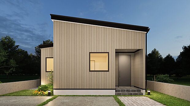 【完成予想図】
2025年12月完成予定、家事ラク間取りを叶えた、暮らしやすい平屋住宅が登場。シンプルでナチュラルなデザインで、どの世代にも好まれる外観です。