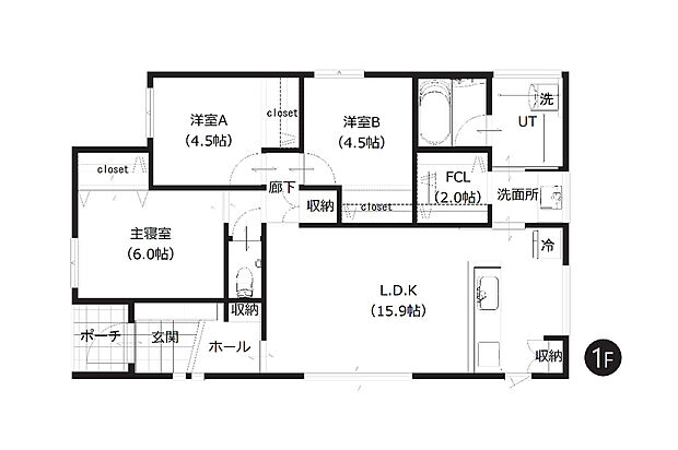 【間取図】
ファミリーにおすすめの3LDKタイプです。全居室収納の他、パントリーや約2帖のファミリークローゼットもある収納充実プランです。