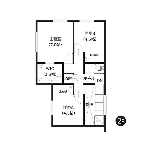 【2階間取図】
ウォークインクローゼットを含む全居室収納付きで、すっきりとした暮らしを叶えます。各階にトイレを設け、朝の身支度や来客時にも便利な間取り設計です。