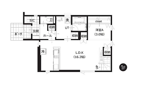 【1階間取図】
1階には水回りと約16帖のゆとりあるLDKを配置。スムーズな生活動線で、家事や身支度も効率よく行えます。