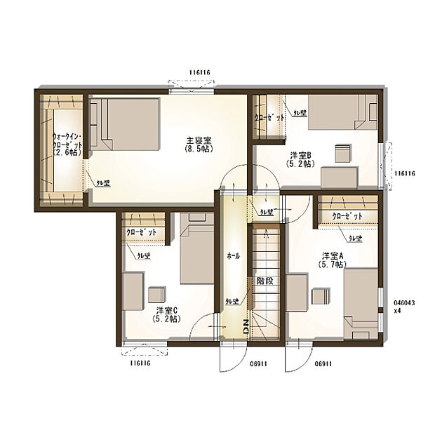 【【建築プラン例】】建物面積：113.86m2
建物価格：2220万円
※杭工事、分水工事、諸費用別途
※設計プランの参考一例であって、当該プランの採用可否は任意です。