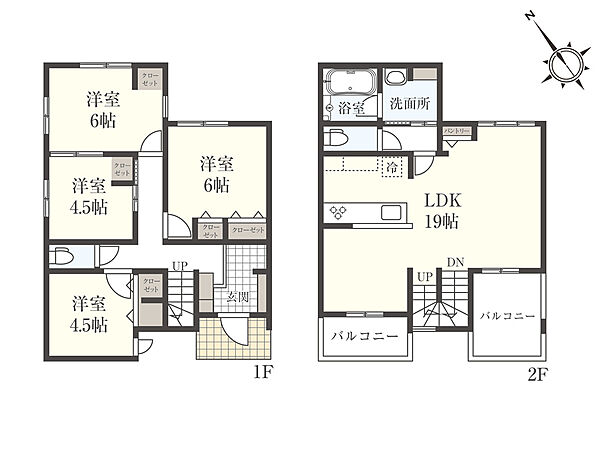 間取図　2階にある約19帖のLDKには室内が広く感じるバルコニーが２面あり、天気の良い休日には約３．７帖のバルコニーでブランチなどをお楽しみ頂けます。