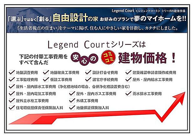 【レジェンドコートは安心のコミコミ価格】レジェンドコートは建物建築時に掛かる付帯工事費をすべて含んだ安心の建物コミコミ価格です。
