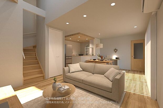 【2号地/完成予想図/LDK】
ご家族との団らんを育むリビング階段。階段下を有効活用した収納が設けられており、お子様の玩具や生活用品などを保管できます。