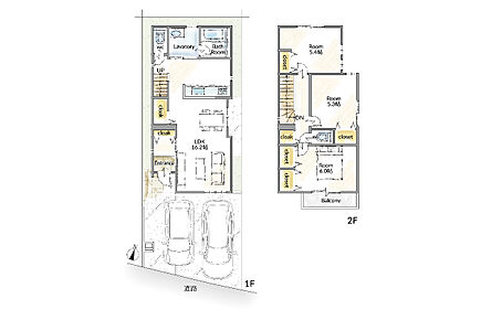 全居室フローリング仕様・収納付きの間取り。対面式キッチン×リビング階段を採用し、ご家族同士自然と声を掛け合いやすい設計です。LDKから洗面室へ扉1枚で繋がり、家事動線・生活動線がスムーズです。 