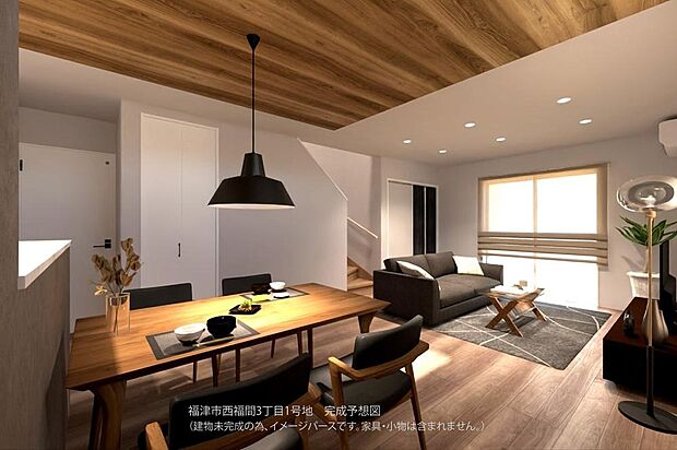 【【1号地/完成予想図/LDK】】ご家族と顔を合わせる機会が増える、リビング階段仕様です。外出時や帰宅時に自然と会話が増え、ご家族団らんを育みます。
