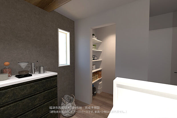 【【1号地/完成予想図/キッチン】】キッチン近くに窓が設けられており、手軽に自然換気が行えます。パントリー付きで、キッチンまわりをすっきりと整頓できます。
