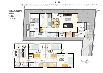 ご家族それぞれがプライベートな時間を大切にできる4LDKの住まい。洗面室と脱衣室が分かれているため、来客時にも気兼ねなく使えます。奥まった土地形状のため、道路から程よく距離がありプライバシー面も◎ 