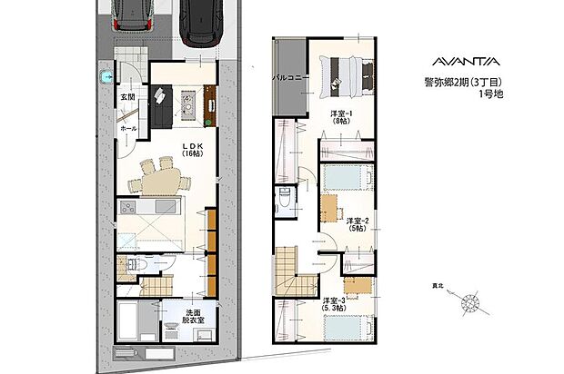 【3LDK】カースペース2台分付きの住まい(車種による)。水まわりが1階に集約され、動線に配慮された間取りです。全居室に収納が設けられ、住空間を有効に使えます。