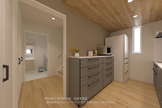 【【1号地内観パース/キッチン】】キッチンには窓があり、自然な明るさと風を取り込めます。洗面室が近く、家事の同時並行もスムーズに行えます。